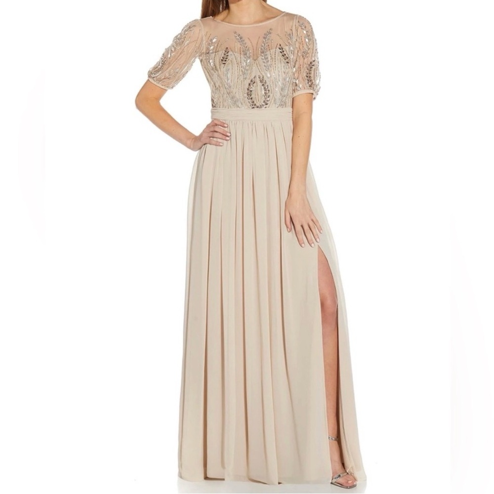 Adrianna Papell Beige Maxi Dress 10 Beaded Embellished Bodice MOB